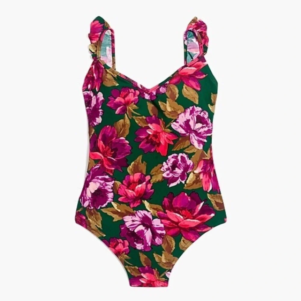J Crew Womens XS Ruffle Trim One Piece Swimsuit Darn Green Floral Pink Lined